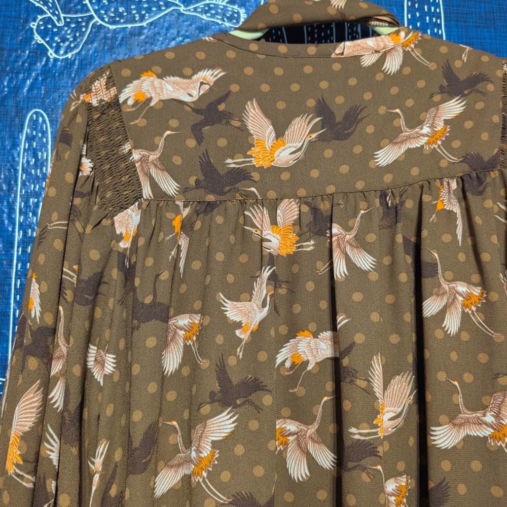 Happy x Nature by Kate Hudson Bird Print Swing Victorian Blouse Brown Large - Picture 8 of 11